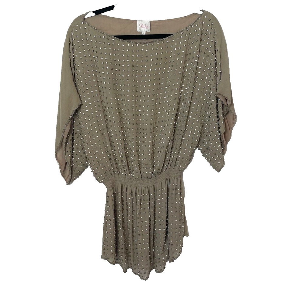 Parker Mini‎ Tunic Dress Womens L Taupe Rhinestones Shirred Waist Beaded